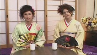 Double Asian fucking with cuties in kimonos and close up of shaved pussy