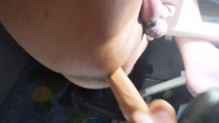 Closeup 14 inch dildo anal pounding with exercise machine