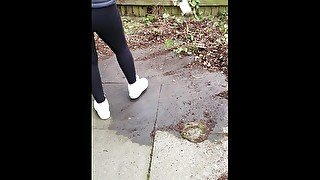 Step mom has a hole in leggings get fucked by step son on back yard