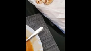 Step mom risky blowjob in restaurant swallowing cum during a family dinner 