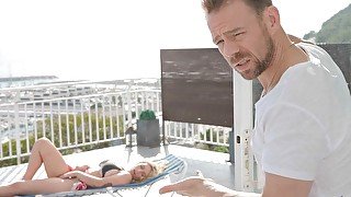 Cute mommy with nice natural tits Lucia Fernandez nailed on the balcony