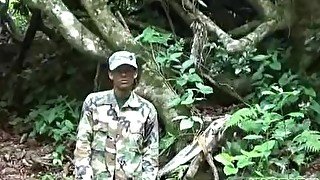 Hot trooper goes for a dip in the stream