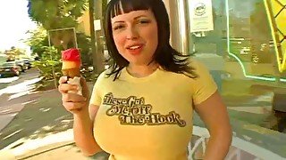 Huge natural boobs BBW teen in tight shirt licks ice cream on cam