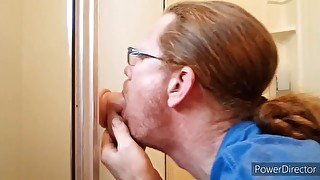 Blowing dildo in bathroom