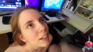 Can't work because my pretty girlfriend is giving me a blowjob with cum dripping down her cute face