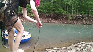 Masturbating at the creek in a raft