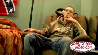 Nerdy guy with glasses jerk his cock hungry action