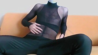 YOUNG GUY BLACK SHEER PANTYHOSE ENCASEMENT AND SNEAKERS MASTURBATING