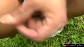 Dark haired latina shemale strokes shecock in soccer field