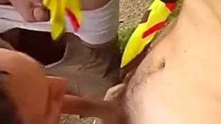 Several boy scouts are having and outdoor gay orgy