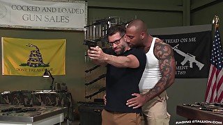 Black gay shooting instructor pounds his bearded white student