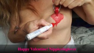 nippleringlover`s xxl pierced nipples painted red for valentines day