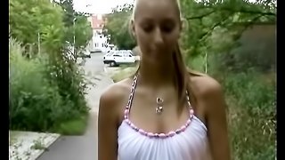 Petite blonde teen girl sucking a big dick outdoors