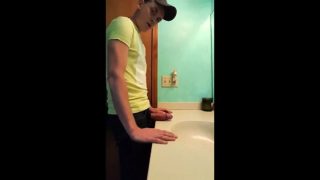 straight hunk with fat dick jerks off in bathroom