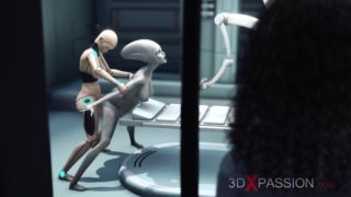 Alien lesbian sex in sci-fi lab. Female android plays with an alien