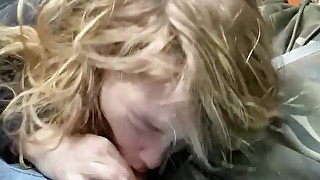 Blonde teen sucks cock in car