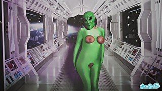 Masked and costumed alien babe with big tits toys her pussy with dildo