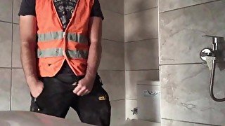 Perverted plumber gets horny while he's working on radiator plumbing in construction