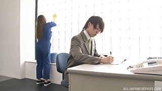 Japanese sexy maid adores a blowjob with her boss in his office