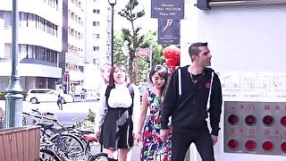 Asian FFM threesome with chubby Akihiko & Mikiko wearing high heels