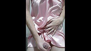 Crossdresser cums in pink satin chemise