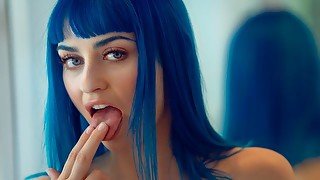 Blue-haired chick Jewelz Blu stimulates her wet pussy with love