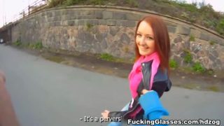 Mellow carroty young harlot performing in handjob XXX video in public place