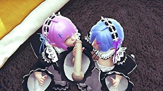 Ram and Rem lick a big cock together