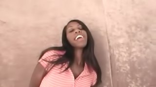 Skinny ebony girl sucks a big dick and gets fingered hard