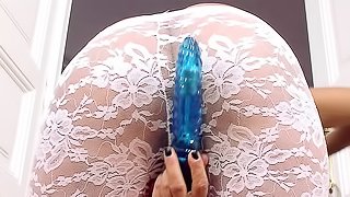 Sandra enjoys her light blue dildo