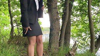 sexy secretary used outdoors in the woods - rough ripping her white blouse