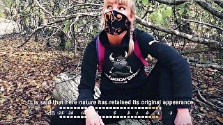 Russian blonde gives a blowjob to a stranger in the forest