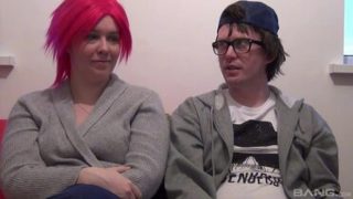 blonde chick masturbates and sucks a nerd's dick