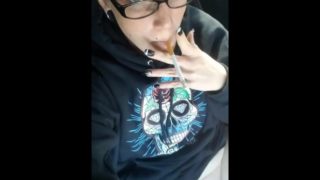 Goth slut Smoking and masterbating at the park in her car