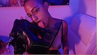 Bald latin Girl Licking Latex Shiny Boot