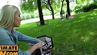 Reverge gangbang picnic in a green garden with Angelika Grays, Lina Luxa and Sofi Smile with some POV anal sex