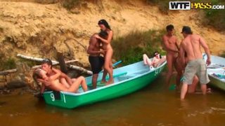 Juicy brunette Russian Kimberly Nutter in a wild and wet group sex in outdoor
