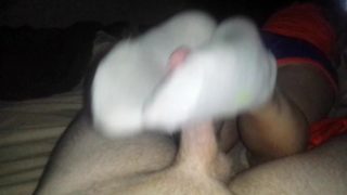 Wife giving footjob in socks - white ankle sockjob