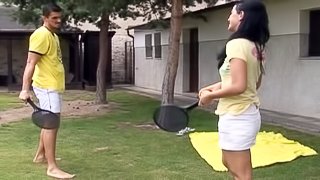 Outdoors sports quickly develops into fucking on the front lawn