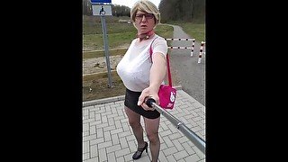 Sissy Vivian Tootinyforher exposed as blond bimbo tits slut nude at public parking area