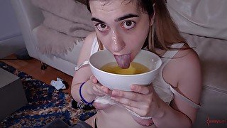 Dirty slave girl loves being ass fingered while drinking piss
