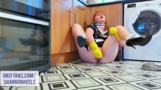 Nasty latex maid cleans her master's cock and cums in front of him