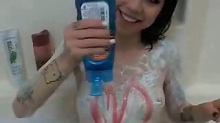 Small breasted brunette bitch is gonna please her pussy with dildo