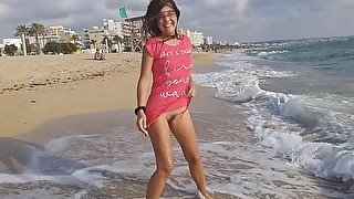 Public Flashing # Take Off Panties # Tanning Hairy Pussy at Sun Set Beach among people