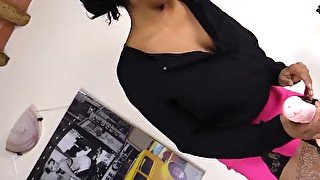 Black babe rides dildo and give footjob