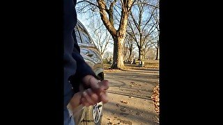 Had to piss but horny. Hard cock public pissing and cumshot outdoors. Piss then cum!