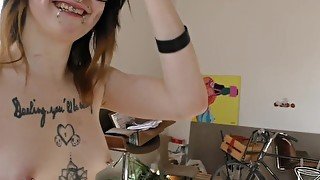 hot punk chick giving dirty blowjob and blowing load all over her tiny tattoo covered tits