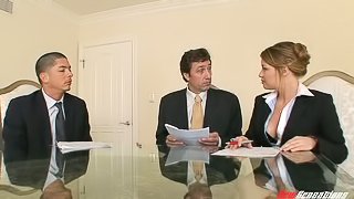 Two rough businessmen fuck a slutty secretary in a threesome