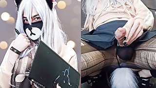 CUTE NEKO TRANS precum Wearing Buttplug Torn Tights and Cosplay SAGIRI IZUMI to CUMSHOT on Tablet