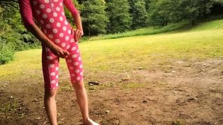 young boy in mid-leght swimsuit masturbate and cum outdoor